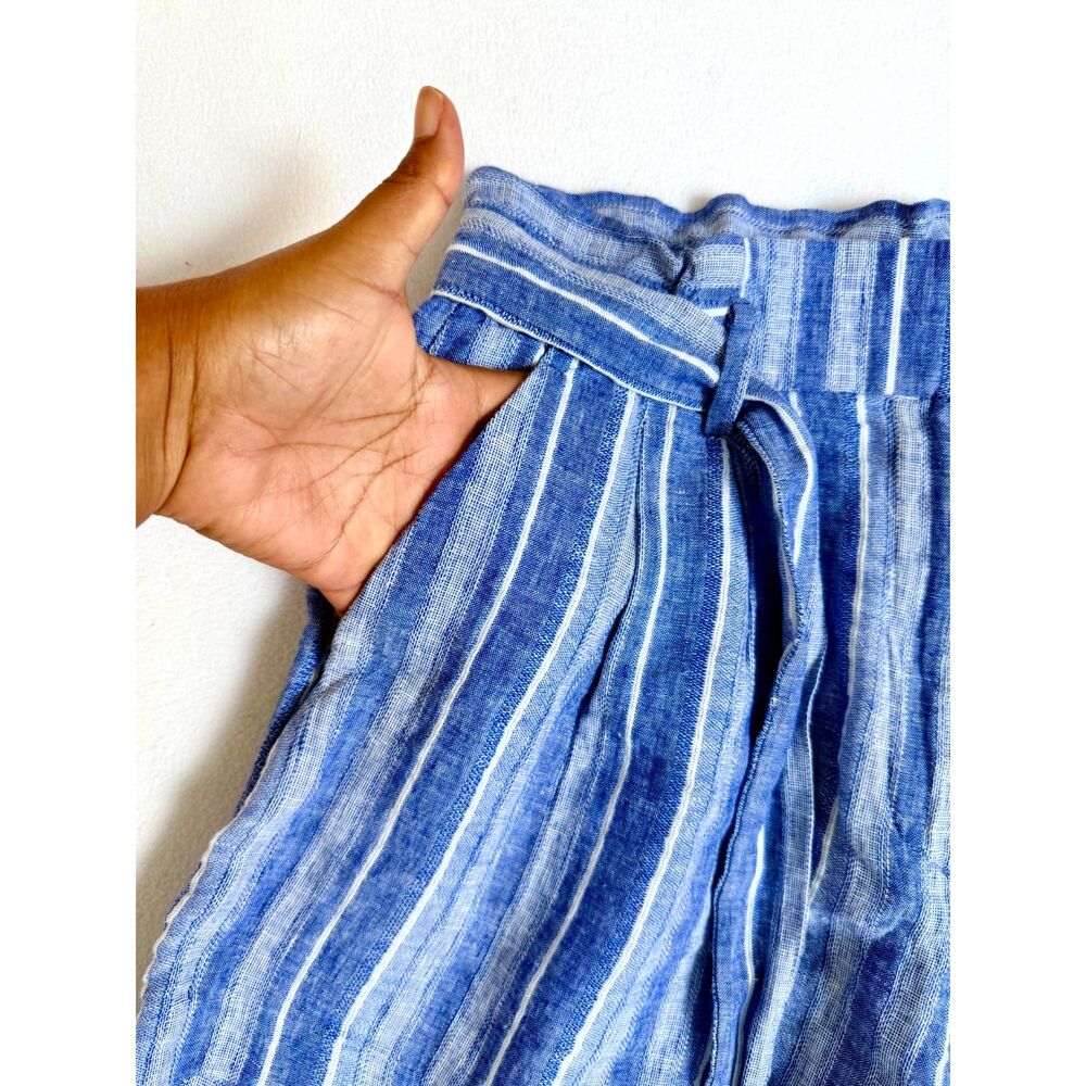 H&M Women’s Size 6 Blue White Striped Linen Blend Paperbag Belted Shorts - Picture 5 of 14